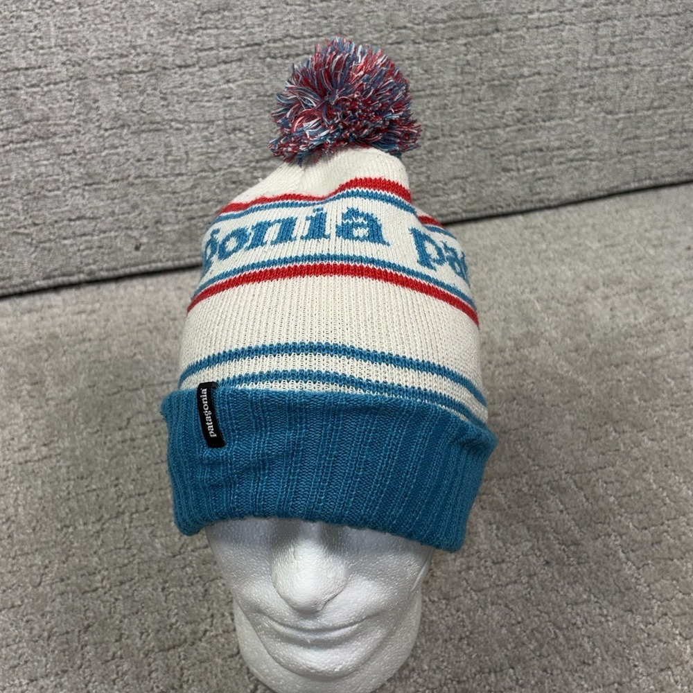 Patagonia Powder Town Beanie Park Stripe Viking Blue Pom Pom Knit Winter Hat